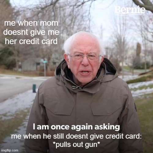 Bernie I Am Once Again Asking For Your Support | me when mom doesnt give me her credit card; me when he still doesnt give credit card:
*pulls out gun* | image tagged in memes,bernie i am once again asking for your support | made w/ Imgflip meme maker