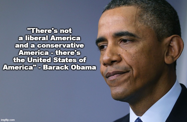 Barack Obama on the United States | "There's not a liberal America and a conservative America - there's the United States of America" - Barack Obama | image tagged in president barack obama,memes,political meme,unity | made w/ Imgflip meme maker
