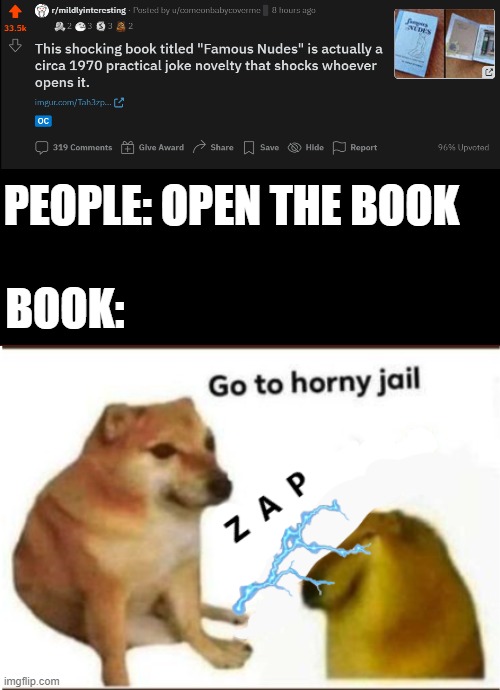 Go to horny jail | PEOPLE: OPEN THE BOOK; BOOK: | image tagged in go to horny jail,nudes,book,shocked,reddit,interesting | made w/ Imgflip meme maker
