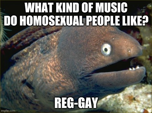 Should I have saved this for Pride Month? | WHAT KIND OF MUSIC DO HOMOSEXUAL PEOPLE LIKE? REG-GAY | image tagged in memes,bad joke eel,homosexuality,music | made w/ Imgflip meme maker