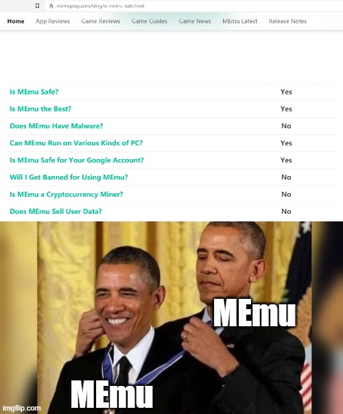 MEmu saying good stuff about MEmu | MEmu; MEmu | image tagged in obama giving obama award,memes | made w/ Imgflip meme maker