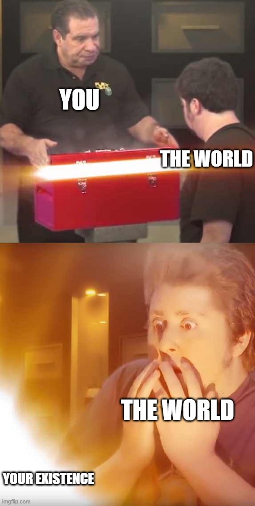 your existence is your best gift to the world | YOU; THE WORLD; THE WORLD; YOUR EXISTENCE | image tagged in jontron | made w/ Imgflip meme maker