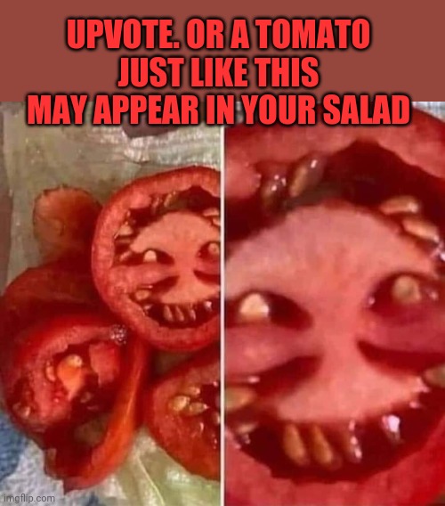 Tomato Terror | UPVOTE. OR A TOMATO JUST LIKE THIS MAY APPEAR IN YOUR SALAD | image tagged in upvote begging,tomato,terror | made w/ Imgflip meme maker