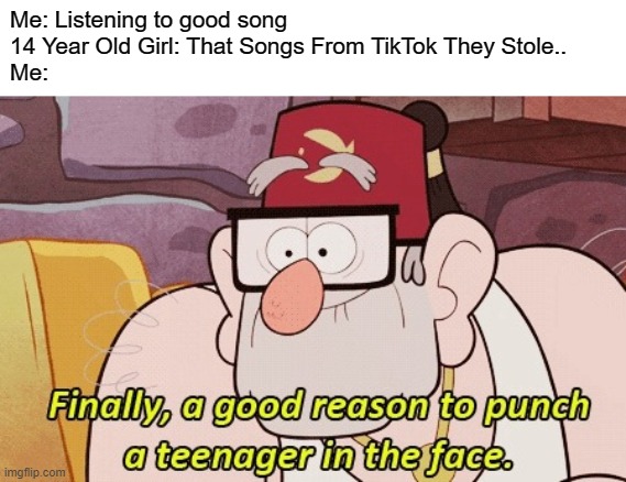 *Punches TikTok Girl* | Me: Listening to good song
14 Year Old Girl: That Songs From TikTok They Stole..
Me: | image tagged in gravity falls | made w/ Imgflip meme maker