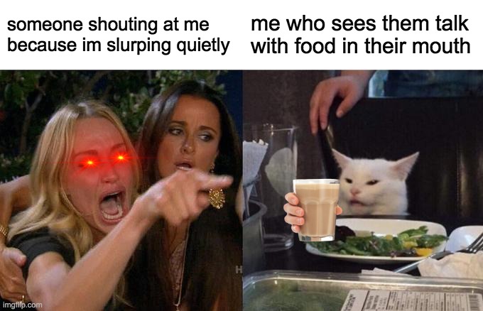 Woman Yelling At Cat Meme | someone shouting at me because im slurping quietly; me who sees them talk with food in their mouth | image tagged in memes,woman yelling at cat | made w/ Imgflip meme maker