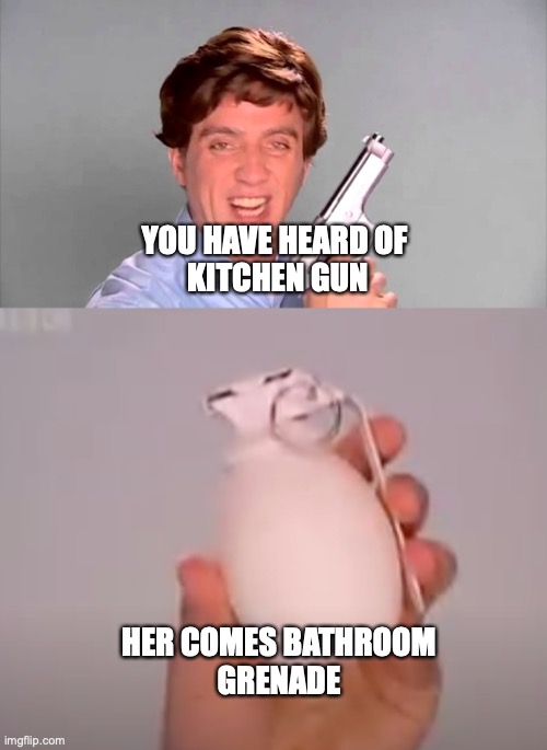 YOU HAVE HEARD OF 
KITCHEN GUN; HER COMES BATHROOM
GRENADE | image tagged in kitchen gun | made w/ Imgflip meme maker
