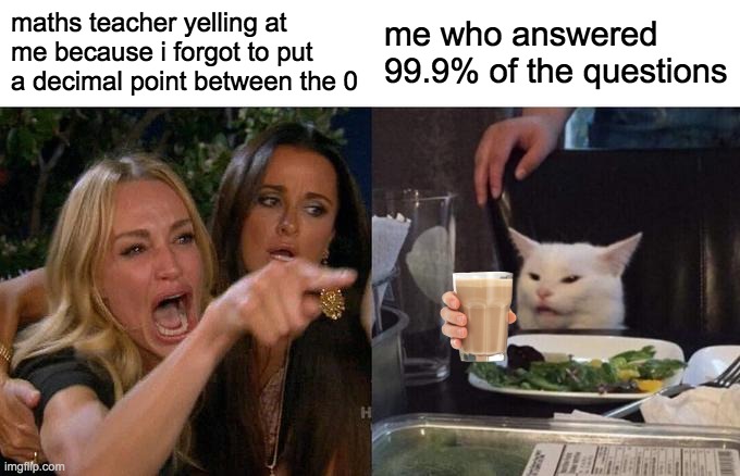 Woman Yelling At Cat Meme | maths teacher yelling at me because i forgot to put a decimal point between the 0; me who answered 99.9% of the questions | image tagged in memes,woman yelling at cat | made w/ Imgflip meme maker