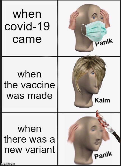 corona panik | when covid-19 came; when the vaccine was made; when there was a new variant | image tagged in memes,panik kalm panik | made w/ Imgflip meme maker