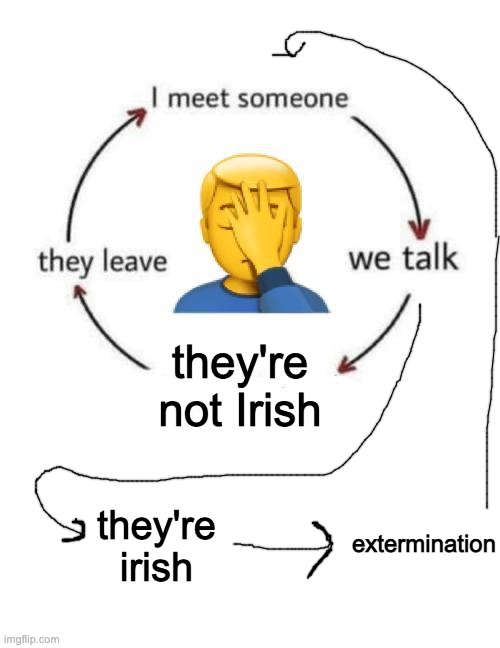 answer my comment | they're not Irish; they're irish; extermination | image tagged in i meet someone | made w/ Imgflip meme maker