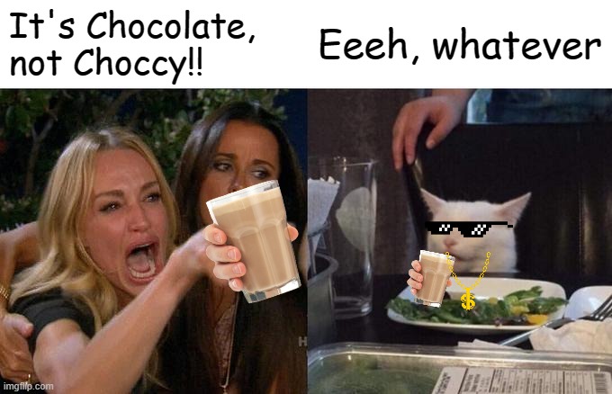 Choccy Cat | It's Chocolate, not Choccy!! Eeeh, whatever | image tagged in woman yelling at cat,choccy,cat thug life,chocolate milk,funny memes,awesome | made w/ Imgflip meme maker