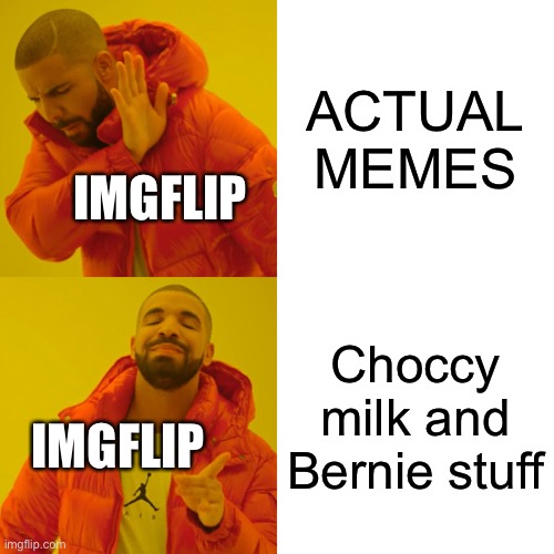 Drake Hotline Bling Meme | ACTUAL MEMES Choccy milk and Bernie stuff IMGFLIP IMGFLIP | image tagged in memes,drake hotline bling | made w/ Imgflip meme maker