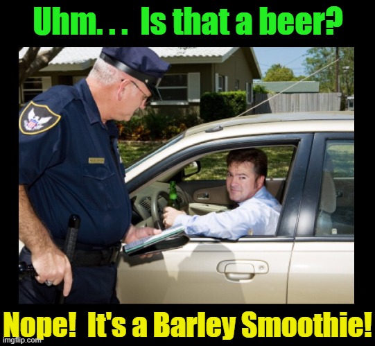 Uhm. . .  Is that a beer? Nope!  It's a Barley Smoothie! | image tagged in beer,drink beer,drunk driving,police,smoothie,cold beer here | made w/ Imgflip meme maker