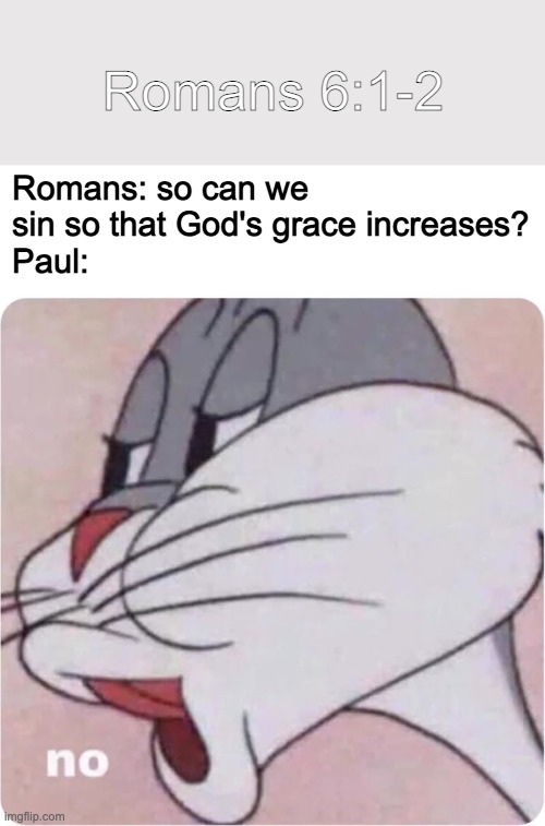 Bugs Bunny No | Romans 6:1-2; Romans: so can we sin so that God's grace increases?
Paul: | image tagged in bugs bunny no | made w/ Imgflip meme maker