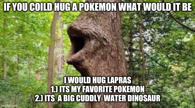 Tree pog | IF YOU COILD HUG A POKEMON WHAT WOULD IT BE; I WOULD HUG LAPRAS
1.) ITS MY FAVORITE POKEMON
2.) ITS  A BIG CUDDLY  WATER DINOSAUR | image tagged in tree pog | made w/ Imgflip meme maker