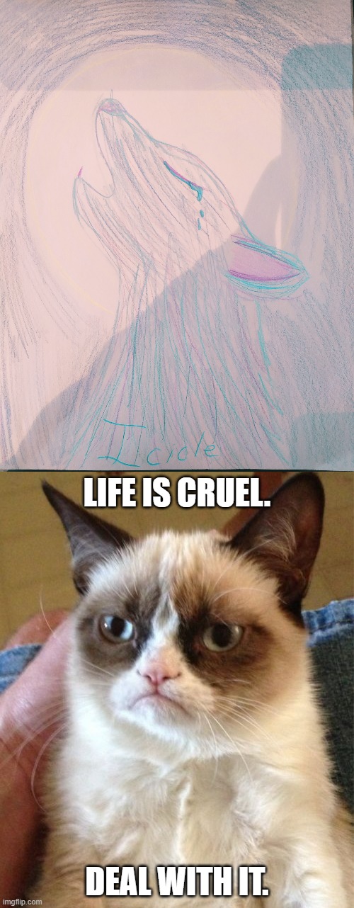 Heartbroken Wolf; Grumpy Cat |  LIFE IS CRUEL. DEAL WITH IT. | image tagged in memes,grumpy cat,heartbroken wolf,crying michael jordan,tears,funny grumpy cat | made w/ Imgflip meme maker