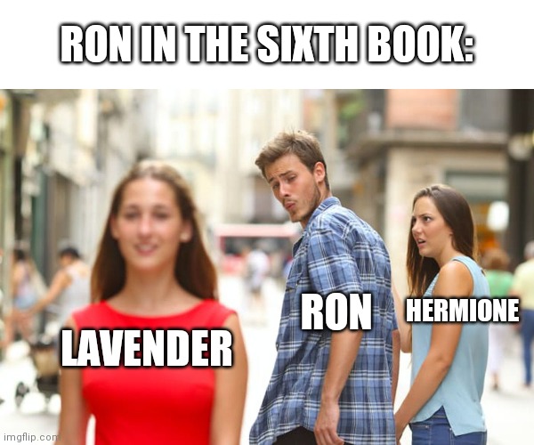 Distracted Boyfriend | RON IN THE SIXTH BOOK:; HERMIONE; RON; LAVENDER | image tagged in memes,distracted boyfriend | made w/ Imgflip meme maker
