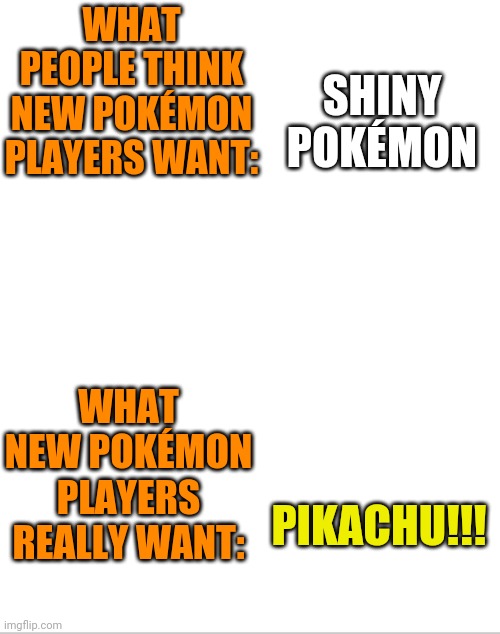 Blank White Template | WHAT PEOPLE THINK NEW POKÉMON PLAYERS WANT:; SHINY POKÉMON; WHAT NEW POKÉMON PLAYERS REALLY WANT:; PIKACHU!!! | image tagged in blank white template | made w/ Imgflip meme maker