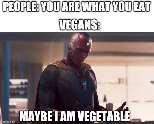 E | PEOPLE: YOU ARE WHAT YOU EAT; VEGANS:; MAYBE I AM VEGETABLE | image tagged in maybe i am a monster | made w/ Imgflip meme maker