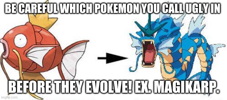 Magikarp gyarados |  BE CAREFUL WHICH POKEMON YOU CALL UGLY IN; BEFORE THEY EVOLVE! EX. MAGIKARP. | image tagged in magikarp gyarados,be careful who you call ugly in middle school | made w/ Imgflip meme maker