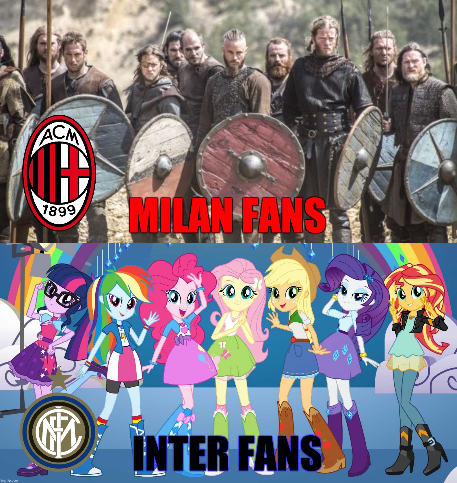 Milan fans vs Inter fans | MILAN FANS; INTER FANS | image tagged in iceland national football team,mlp fim,ac milan,inter,memes,funny | made w/ Imgflip meme maker
