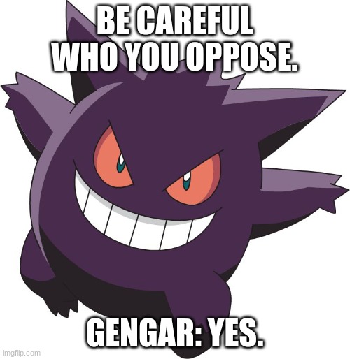 gengar | BE CAREFUL WHO YOU OPPOSE. GENGAR: YES. | image tagged in gengar | made w/ Imgflip meme maker