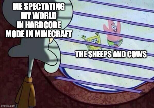 Squidward window | ME SPECTATING MY WORLD IN HARDCORE MODE IN MINECRAFT; THE SHEEPS AND COWS | image tagged in squidward window | made w/ Imgflip meme maker