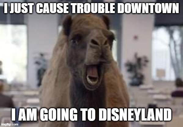 Hump Day Camel | I JUST CAUSE TROUBLE DOWNTOWN; I AM GOING TO DISNEYLAND | image tagged in hump day camel | made w/ Imgflip meme maker