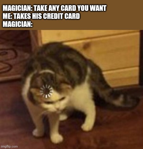 Still loading | MAGICIAN: TAKE ANY CARD YOU WANT
ME: TAKES HIS CREDIT CARD 
MAGICIAN: | image tagged in loading cat | made w/ Imgflip meme maker