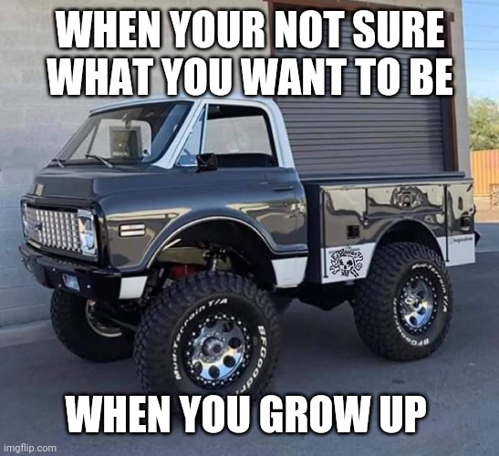 Grow up | WHEN YOUR NOT SURE WHAT YOU WANT TO BE; WHEN YOU GROW UP | image tagged in trucks | made w/ Imgflip meme maker