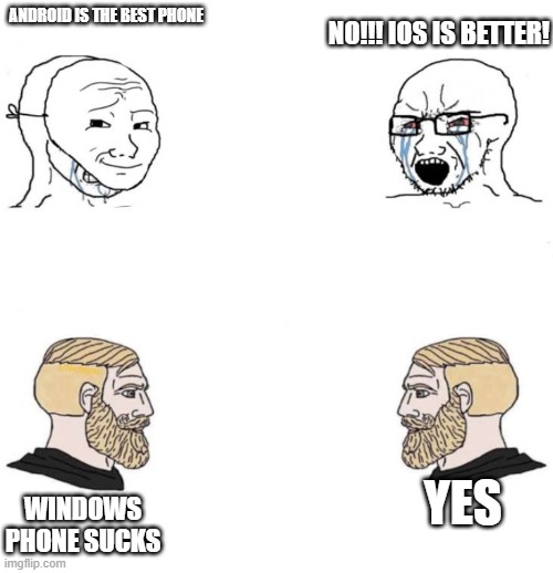 do you still remember windows phone? | ANDROID IS THE BEST PHONE; NO!!! IOS IS BETTER! YES; WINDOWS PHONE SUCKS | image tagged in soyboy vs soyboy | made w/ Imgflip meme maker