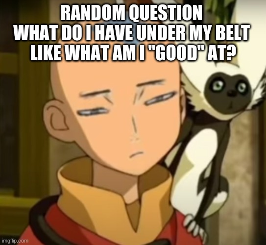 RANDOM QUESTION 
WHAT DO I HAVE UNDER MY BELT 
LIKE WHAT AM I "GOOD" AT? | image tagged in aang done with shit | made w/ Imgflip meme maker