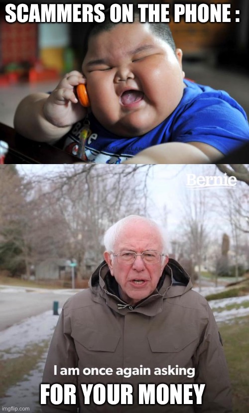 SCAMMERS ON THE PHONE :; FOR YOUR MONEY | image tagged in fat asian kid,memes,bernie i am once again asking for your support | made w/ Imgflip meme maker