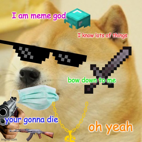 Doge Meme | I am meme god; I know lots of things; bow down to me; your gonna die; oh yeah | image tagged in memes,doge | made w/ Imgflip meme maker