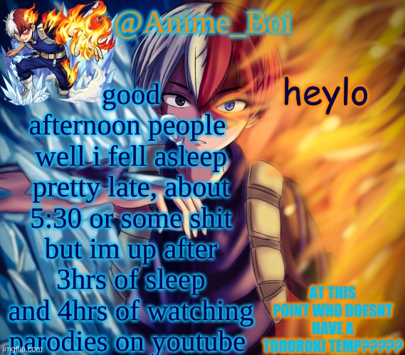 second todoroki temp | good afternoon people 
well i fell asleep pretty late, about 5:30 or some shit but im up after 3hrs of sleep and 4hrs of watching parodies on youtube; heylo | image tagged in second todoroki temp | made w/ Imgflip meme maker