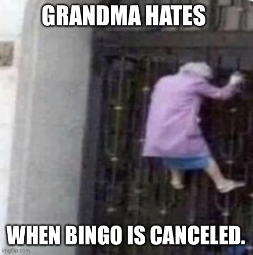 Grandma on a fence | GRANDMA HATES; WHEN BINGO IS CANCELED. | image tagged in grandma on a fence | made w/ Imgflip meme maker