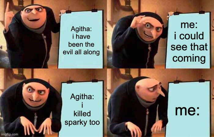 tru tho | Agitha: i have been the evil all along; me: i could see that coming; Agitha: i killed sparky too; me: | image tagged in memes,gru's plan | made w/ Imgflip meme maker