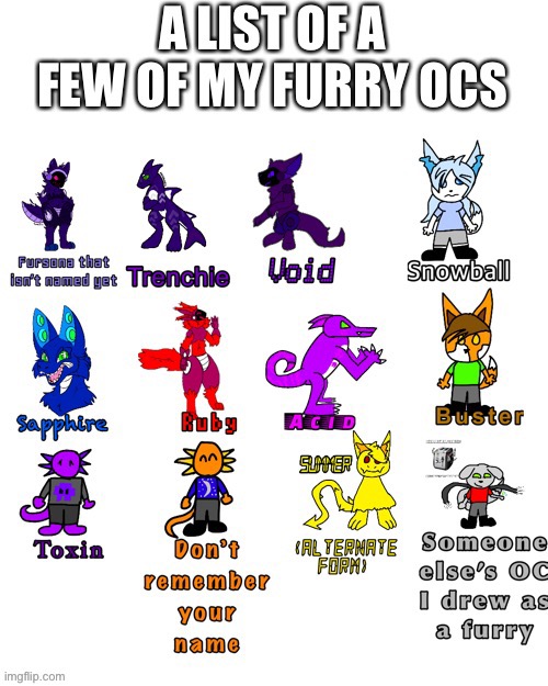 I made a list of some of the furry OCs I’ve made/made for someone else. I don’t have too many more after these. | made w/ Imgflip meme maker