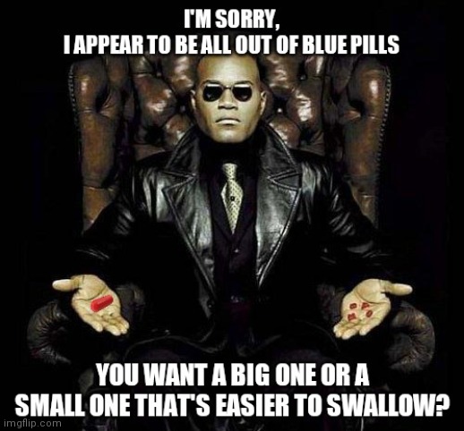 image tagged in red pill blue pill,hard to swallow pills,memes,funny,the matrix,matrix morpheus | made w/ Imgflip meme maker