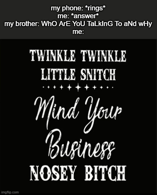 new temp btw- | my phone: *rings*
me: *answer*
my brother: WhO ArE YoU TaLkInG To aNd wHy
me: | image tagged in mind your own business | made w/ Imgflip meme maker
