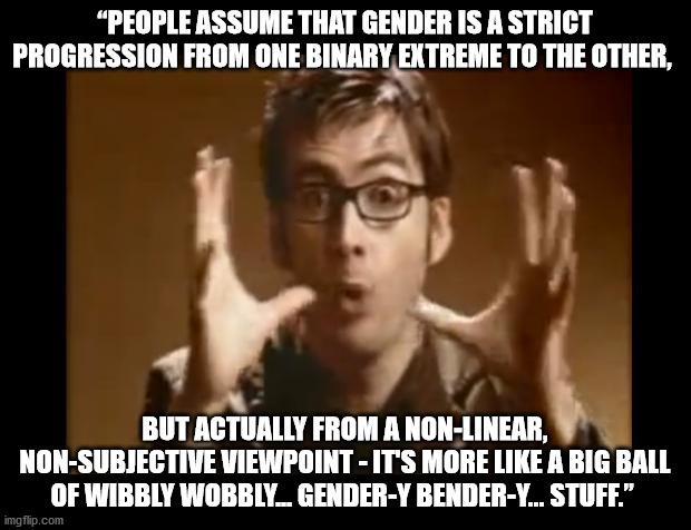 Gender is a relative dimension in time and space | “PEOPLE ASSUME THAT GENDER IS A STRICT PROGRESSION FROM ONE BINARY EXTREME TO THE OTHER, BUT ACTUALLY FROM A NON-LINEAR, NON-SUBJECTIVE VIEWPOINT - IT'S MORE LIKE A BIG BALL OF WIBBLY WOBBLY... GENDER-Y BENDER-Y... STUFF.” | image tagged in dr who wibbly wobbly timey wimey | made w/ Imgflip meme maker