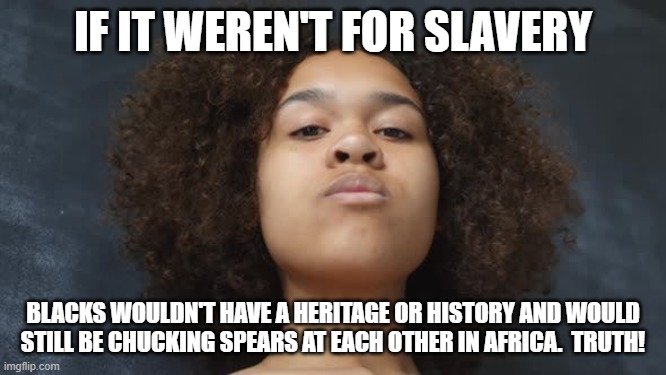 IF IT WEREN'T FOR SLAVERY BLACKS WOULDN'T HAVE A HERITAGE OR HISTORY AND WOULD STILL BE CHUCKING SPEARS AT EACH OTHER IN AFRICA.  TRUTH! | made w/ Imgflip meme maker