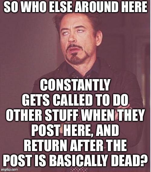 This has happened so many times today | SO WHO ELSE AROUND HERE; CONSTANTLY GETS CALLED TO DO OTHER STUFF WHEN THEY POST HERE, AND RETURN AFTER THE POST IS BASICALLY DEAD? | image tagged in tony stark annoyance,memes,annoying,am i the only one around here | made w/ Imgflip meme maker