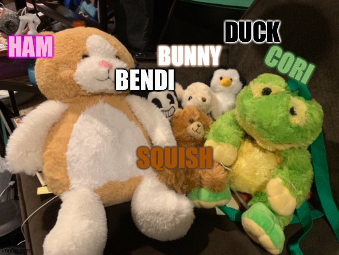 All my plushies (aka friends) :3 | DUCK; BUNNY; BENDI; CORI; HAM; SQUISH | made w/ Imgflip meme maker