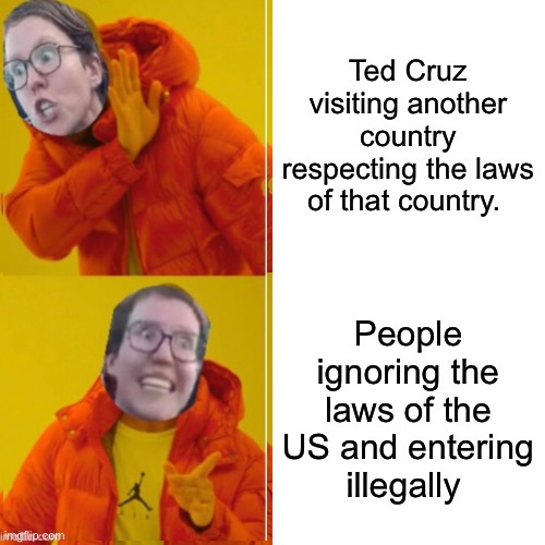How dare he visit legally | Ted Cruz visiting another country respecting the laws of that country. People ignoring the laws of the US and entering illegally | image tagged in memes,drake hotline bling,liberal logic,derp,stupid people | made w/ Imgflip meme maker