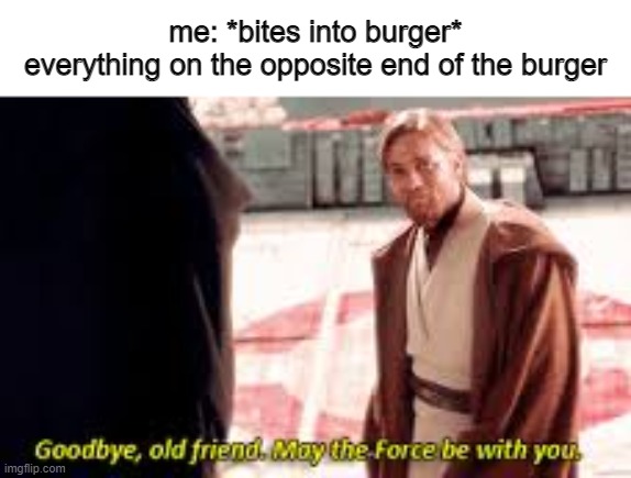 it always falls down | me: *bites into burger*
everything on the opposite end of the burger | image tagged in goodbye old friend may the force be with you,burger | made w/ Imgflip meme maker