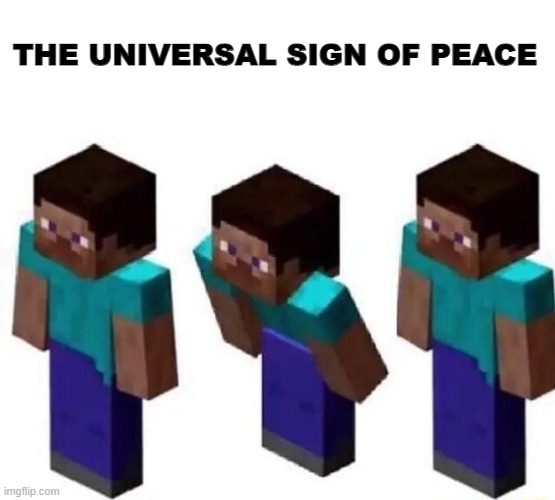 *spams crouch* | THE UNIVERSAL SIGN OF PEACE | image tagged in minecraft,crouch,minecraft steve | made w/ Imgflip meme maker