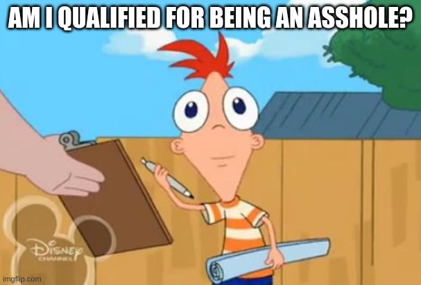 Phineas front face | AM I QUALIFIED FOR BEING AN ASSHOLE? | image tagged in phineas front face | made w/ Imgflip meme maker