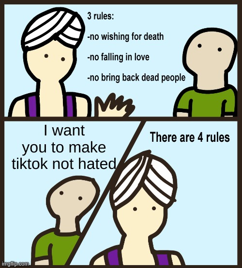 >:D | I want you to make tiktok not hated | image tagged in genie rules meme,alone | made w/ Imgflip meme maker