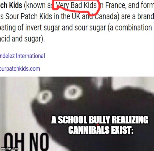 oh dear | A SCHOOL BULLY REALIZING 
CANNIBALS EXIST: | image tagged in sour patch kids,memes,candy | made w/ Imgflip meme maker