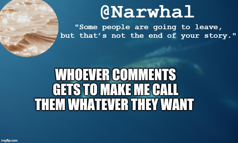 Reeee | WHOEVER COMMENTS GETS TO MAKE ME CALL THEM WHATEVER THEY WANT | image tagged in narwhal annoucemnet temp 9 | made w/ Imgflip meme maker